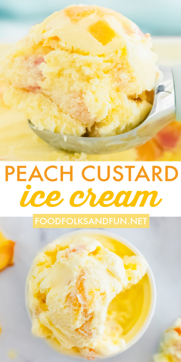 This Homemade Peach Ice Cream recipe has a custard base and made with simple ingredients like fresh peaches, milk, cream, sugar, egg yolks, and vanilla. via @foodfolksandfun