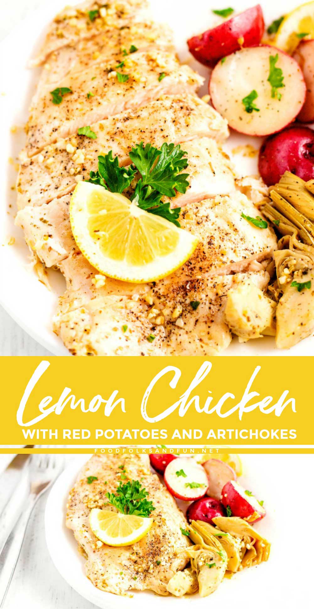 This Lemon Chicken with Potatoes and Artichokes recipe is a super simple weeknight dinner recipe that everyone loves and is fancy enough to serve when company comes over. #chicken #chickenrecipe #chickendinner #easyrecipe #easydinner #dinner #dinnerrecipe #recipeoftheday #recipeoftheweek #foodfolksandfun via @foodfolksandfun