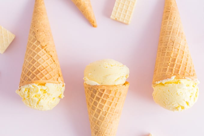An overhead picture of frozen custard in ice cream cones. 