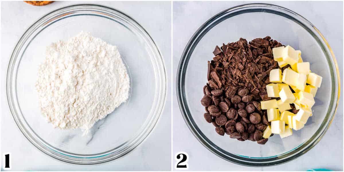 The dry ingredients mixed togetherand chocolate and butter added to a bowl.
