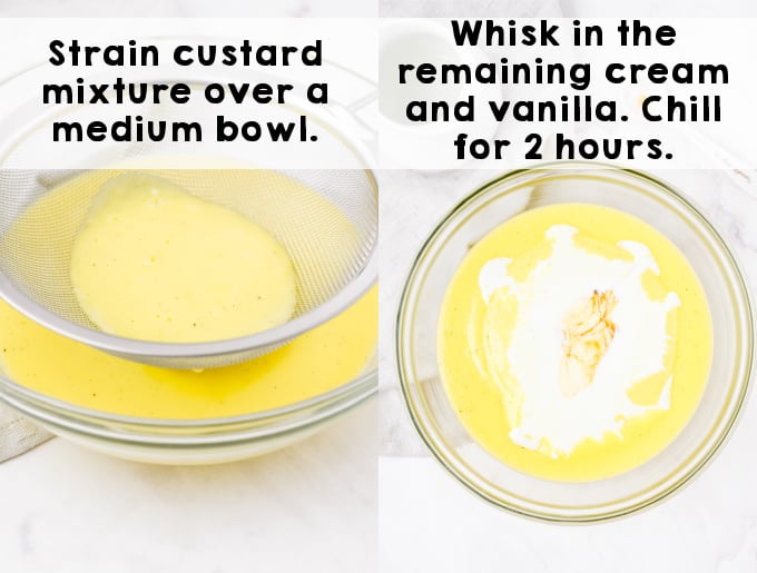 Strain the custard through a fine mesh strainer and add in the remaining cream and vanilla extract. 