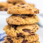 Chocolate Chip cookies stacked on top of each other.