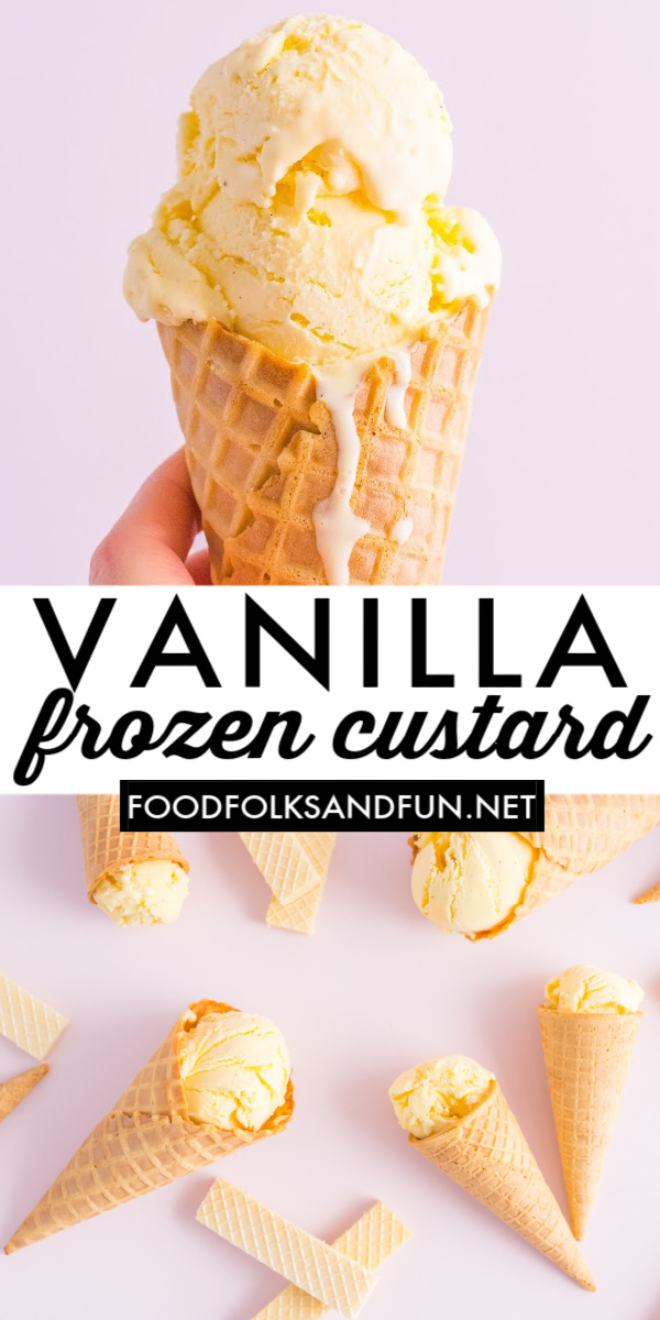 This Vanilla Frozen Custard Ice Cream is rich, decadent, and oh so creamy. Pair with your favorite pie, cake, or cookie or simply perfect on its own. via @foodfolksandfun