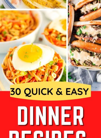 A picture collage of different quick and easy dinner recipes with text overlay for Pinterest.