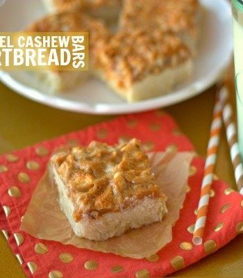 Caramel Cashew Shortbread bars with text overlay for Pinterest