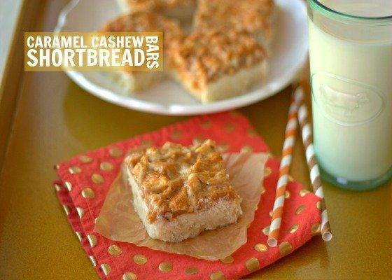 Caramel Cashew Shortbread bars with text overlay for Pinterest