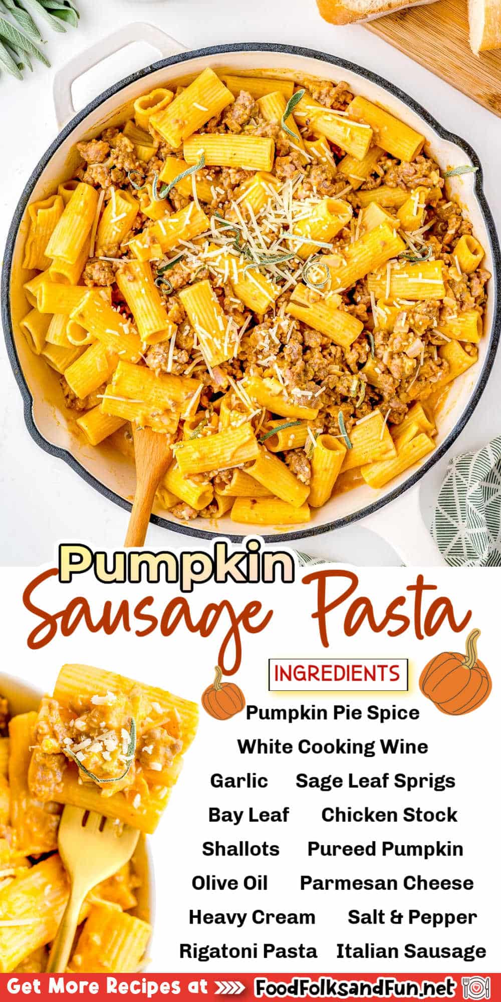 This Pumpkin Sausage Pasta with sage is the perfect comfort food for fall! It's creamy, spicy, and so flavorful. Plus, it's on your table in just 25 minutes! via @foodfolksandfun