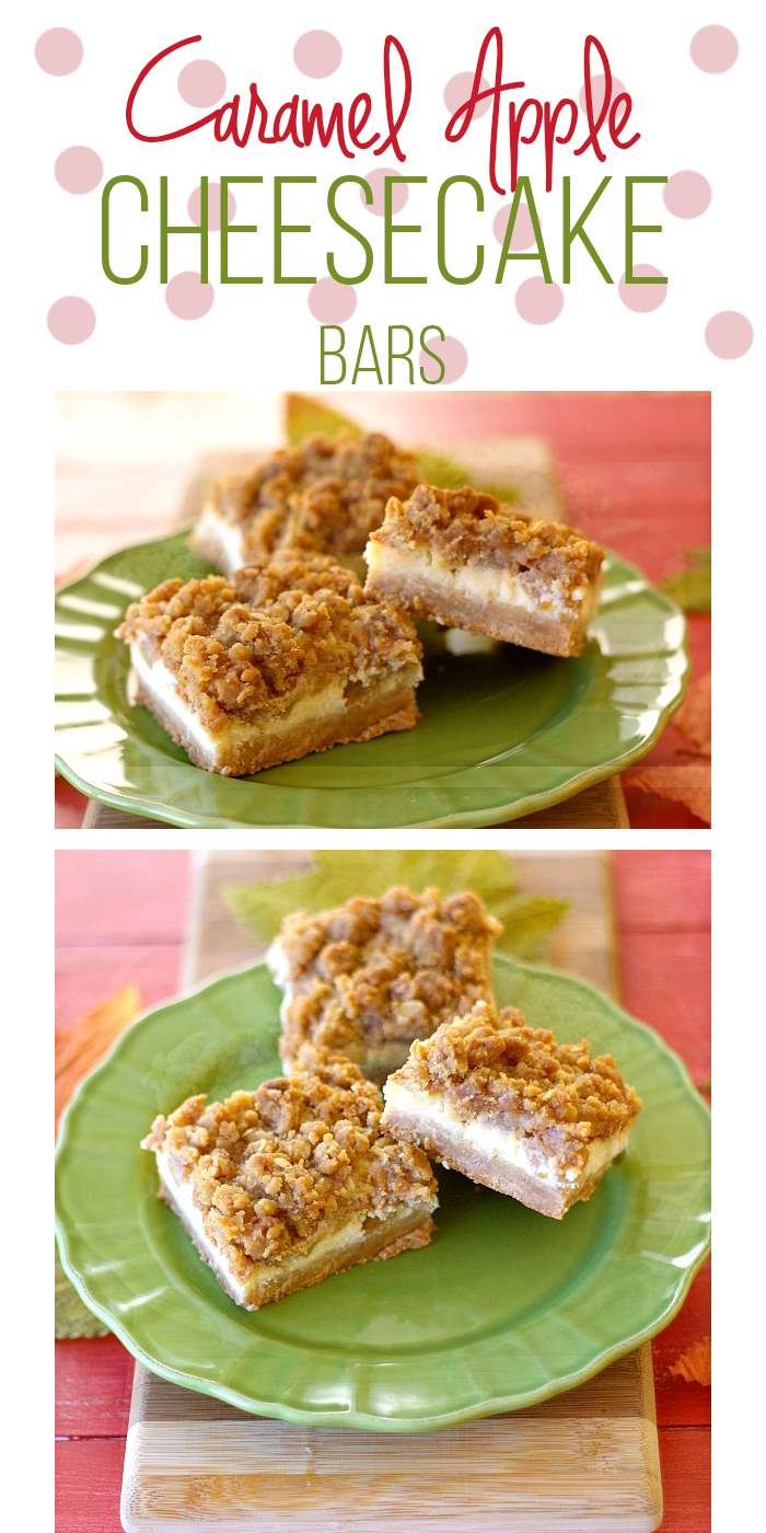 Caramel Apple Cheesecake Bars: Caramel + Apples + Cheesecake = a whole lotta love on a plate! These are a fabulous Fall dessert everyone will love! 
