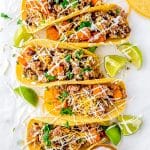 An overhead picture of the finished Ground Turkey Tacos with sweet potato and black beans in them.