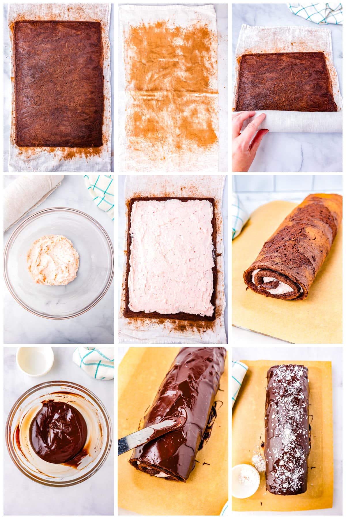 A picture collage showing how to assemble this cake.