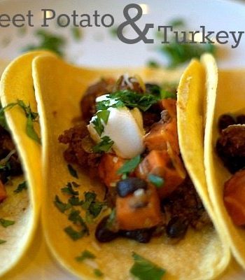 sweet potato and turkey tacos on a plate with text overlay for Pinterest