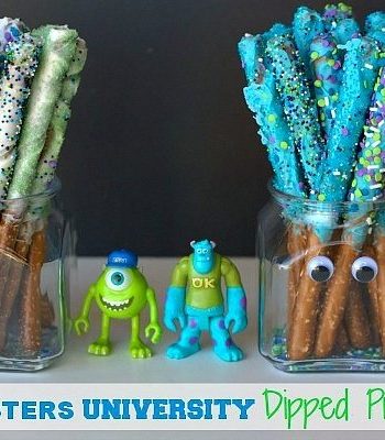 Monsters University Dipped Pretzel rods in glass containers with text overlay for Pinterest