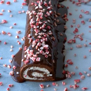 the final shot of finished Chocolate and Peppermint Roulade