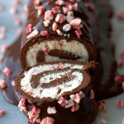 Close up of a slice of Chocolate and Peppermint roulade