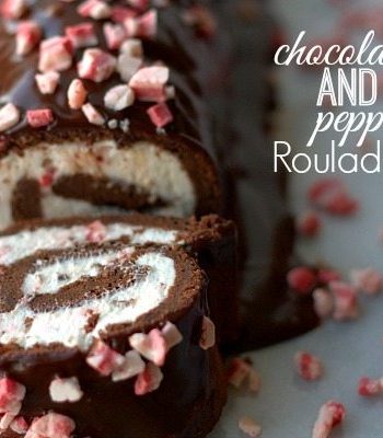 Chocolate and Peppermint roulade with text overlay for Pinterest