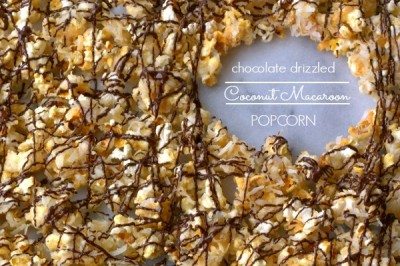 Coconut Macaroon Popcorn on a baking sheet with text overlay for Pinterest