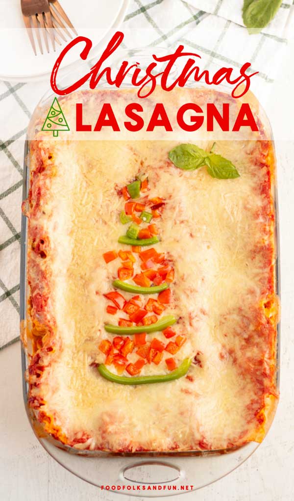 Lasagna with a Christmas tree made out of bell peppers on top. 