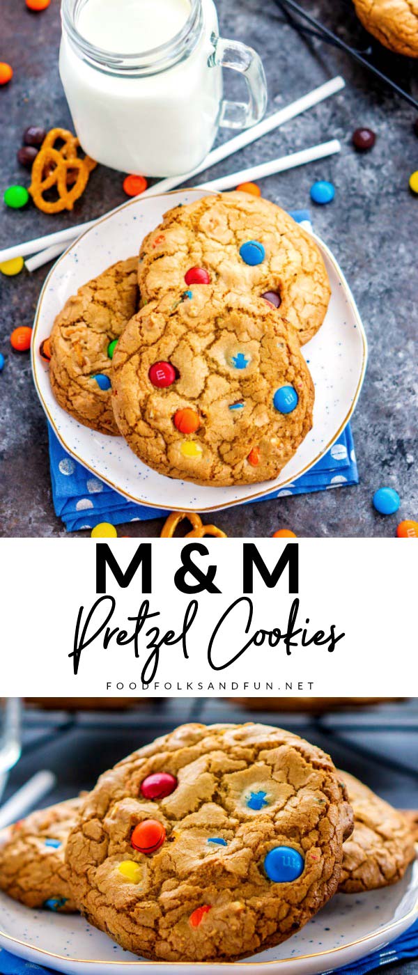 Browned Butter M&M Pretzel Cookies are sweet, salty, and a little bit addicting! The browned butter gives these cookies a butterscotch undertone that makes them irresistible!  via @foodfolksandfun