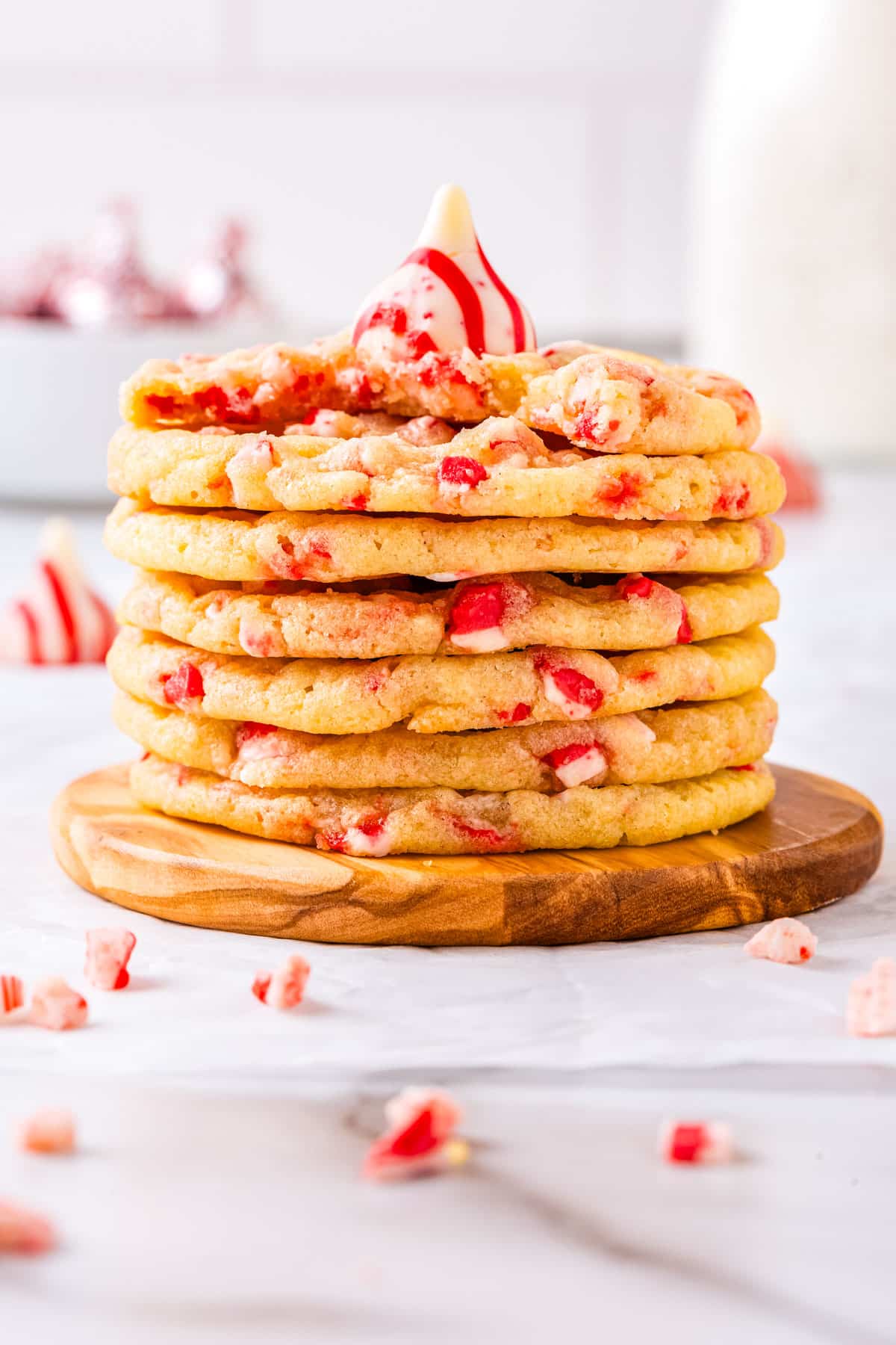 Seven Peppermint Cookies stacked on each other.