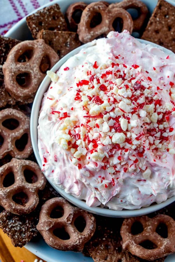 Overhead picture of dip with crushed candy canes.