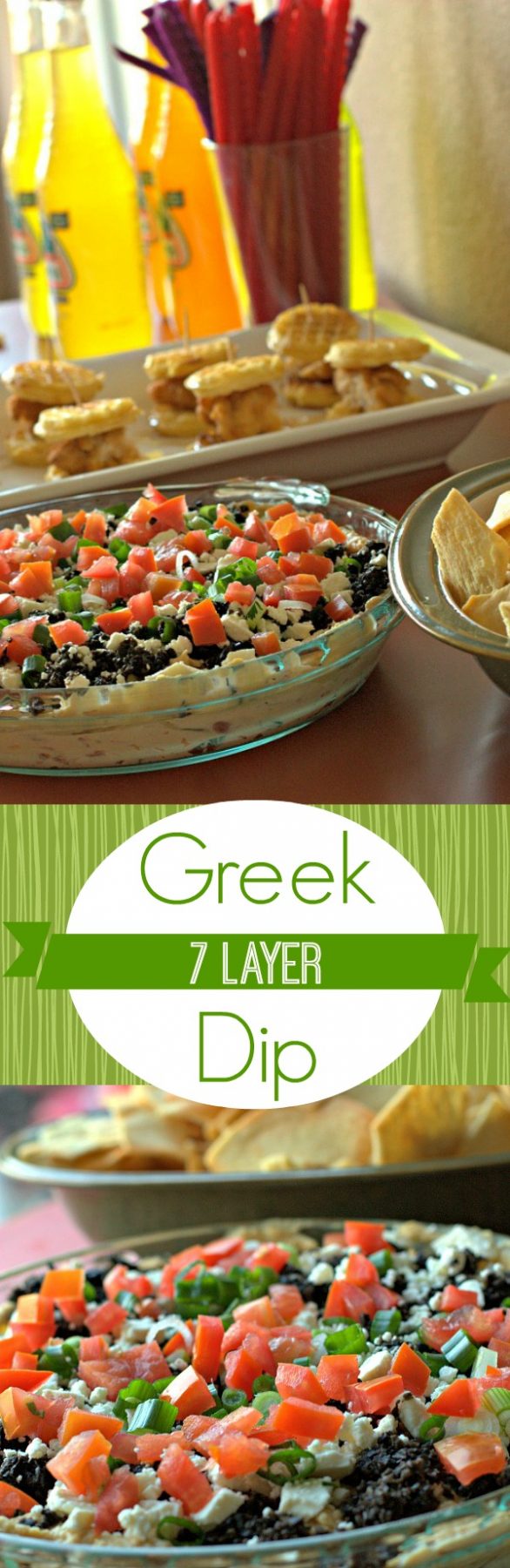 A collage of 7 layer Greek Dip with text overlay for social media