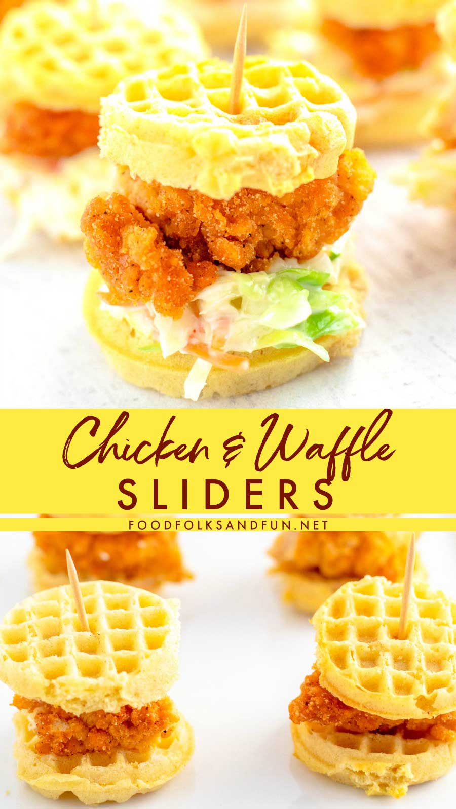 These Chicken and Waffle Sliders are the easiest game day, Super Bowl, or party food recipe that you will make! They're quick & easy to make and they're always a crowd pleaser. via @foodfolksandfun