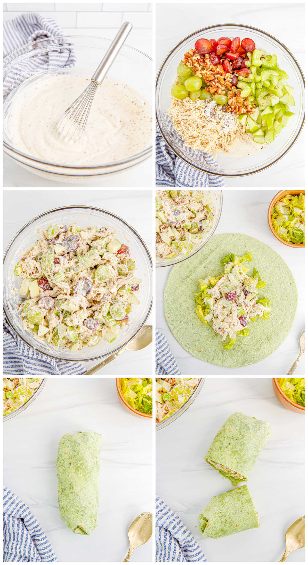 A picture collage showing how to make this Waldorf Chicken Salad Wraps recipe.