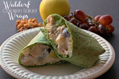 A Waldorf Chicken Salad Wrap with text overlay for Pinterest