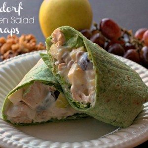 A finished Waldorf chicken salad wrap with text overlay for Pinterest.