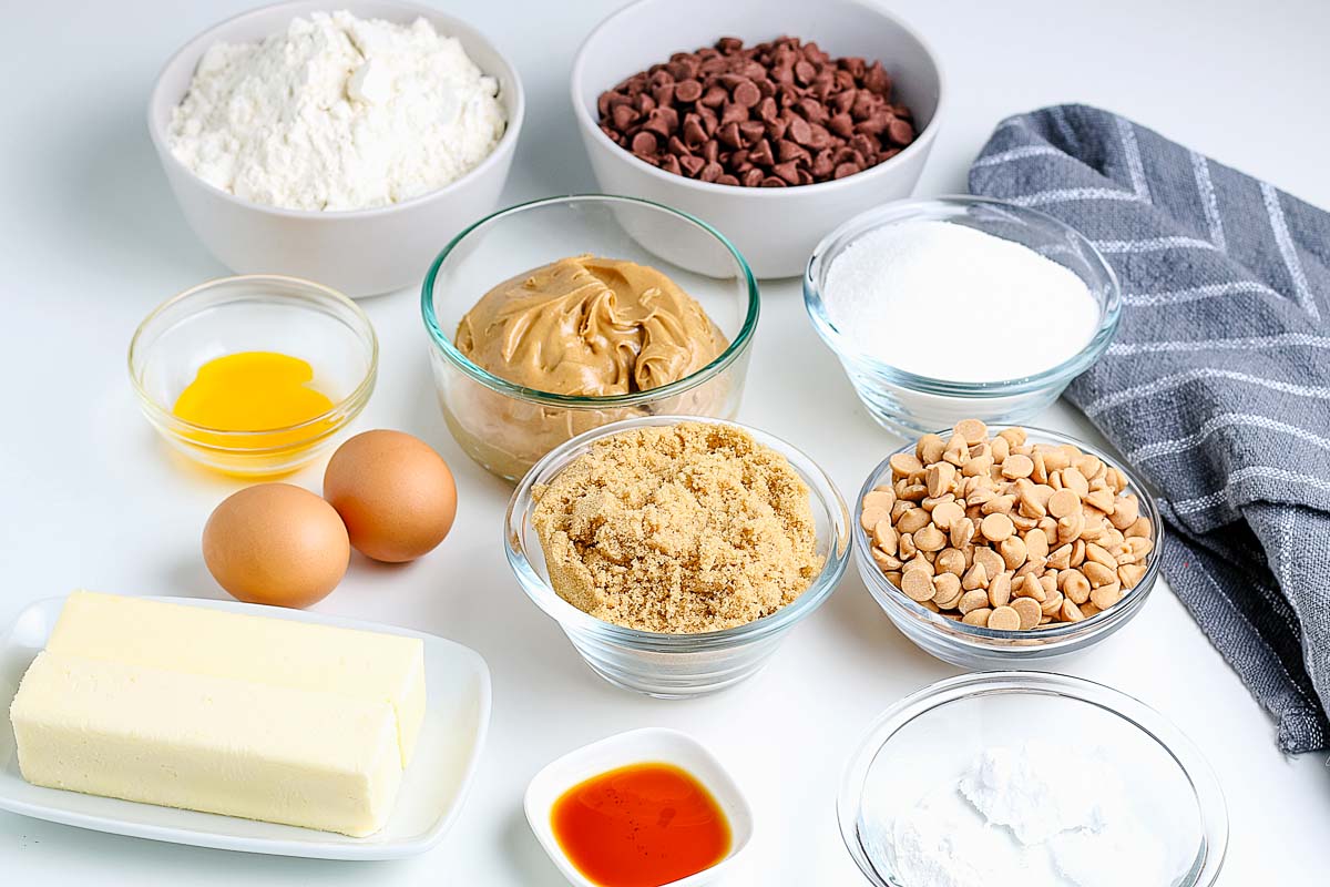 All of the ingredients needed to make the Best Peanut Butter Chocolate Chip Cookies recipe.
