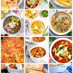 A picture collage of different soups, chilis, and soups.