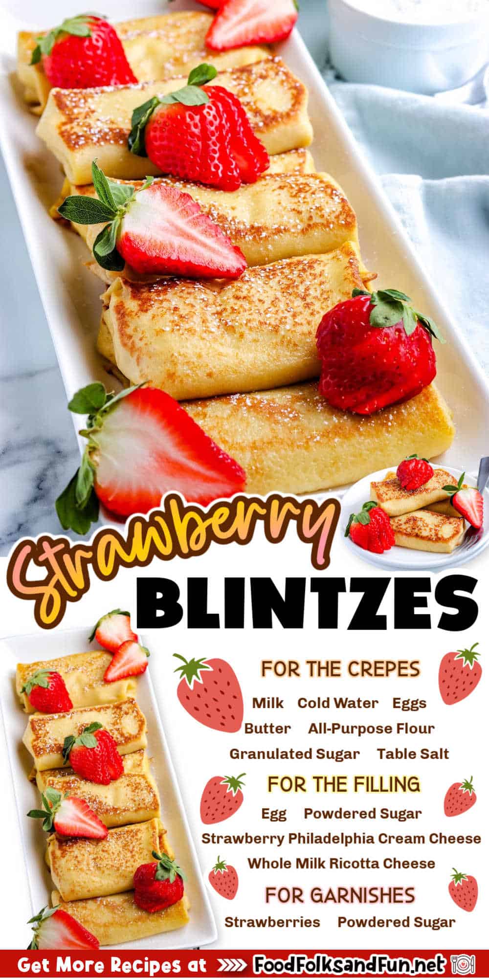 These strawberries and cream blintzes are perfect for breakfast or a quick sweet snack. You’ll love this recipe if the idea of crepes stuffed with a strawberry cream cheese filling, pan-fried, and dusted with powdered sugar sounds good.
 via @foodfolksandfun