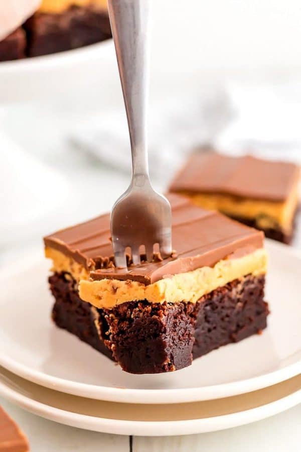 A fork digging into a brownie.