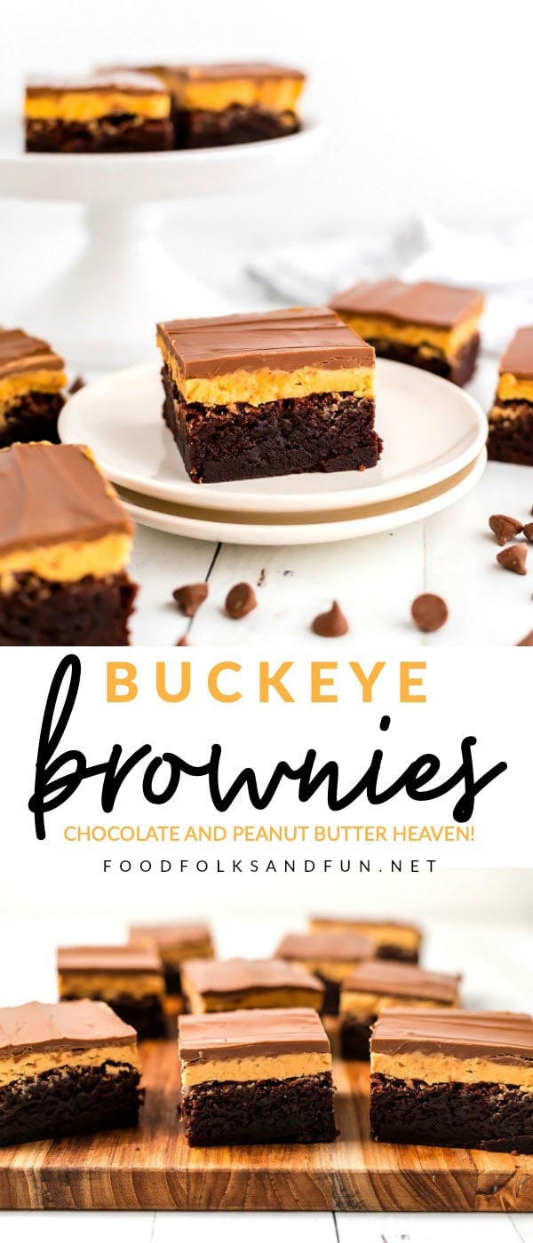 A piece of Buckeye Brownies on a plate with Text Overlay for Pinterest