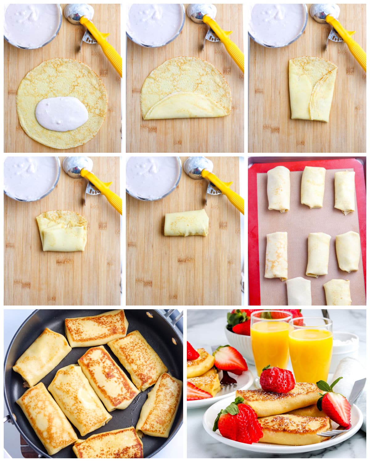 A picture collage showing how to assemble the blintzes.