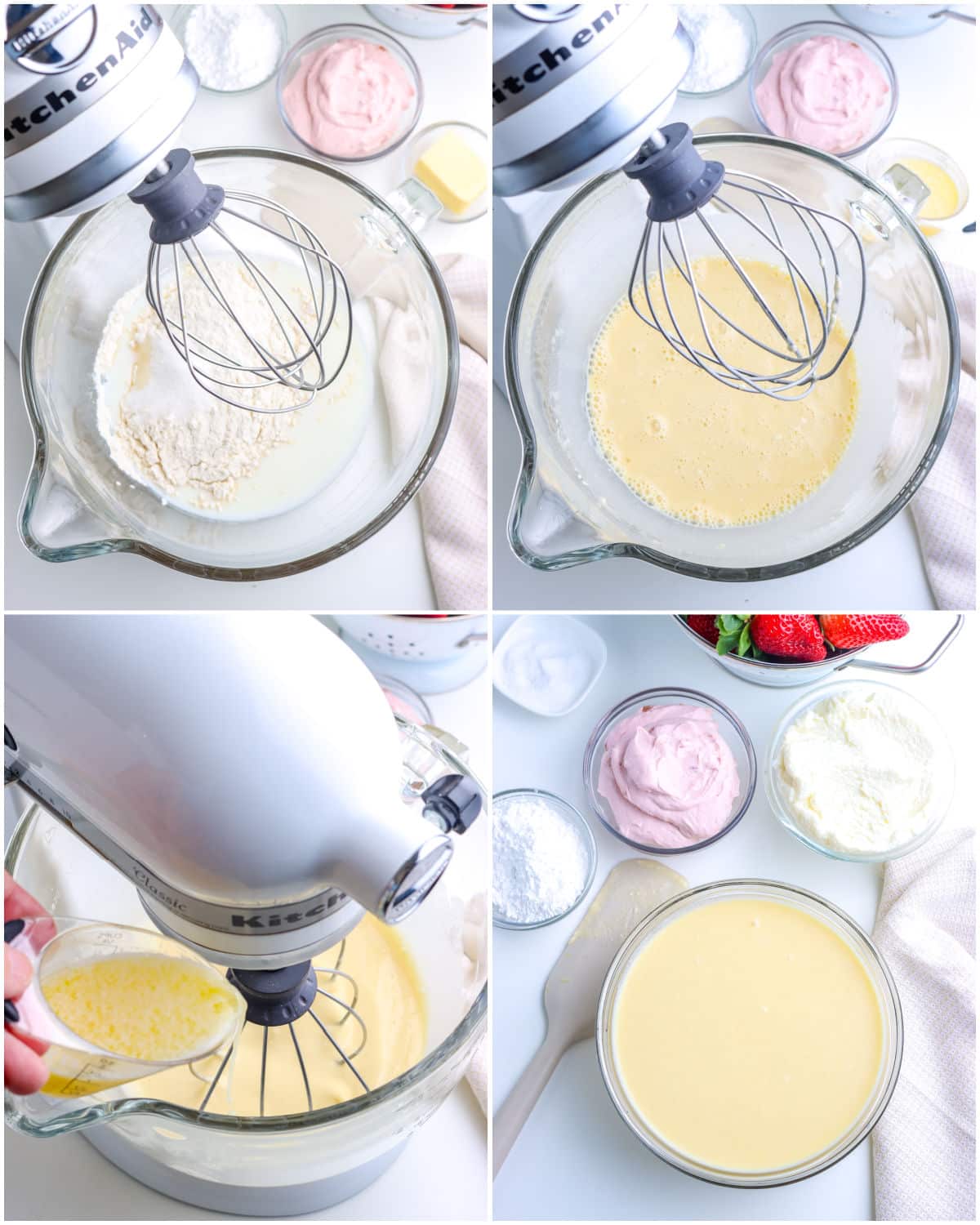 A picture collage showing how to make the crepe batter.