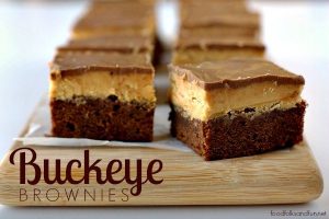 Buckeye Brownies in a line with Text overlay for Pinterest
