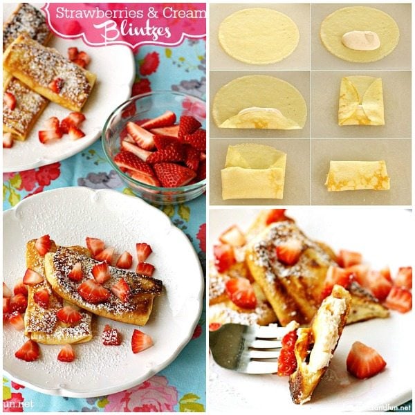 A collage of Strawberry and Philly Cream Cheese Blintzes with text overlay for social media