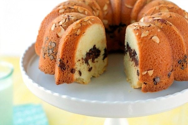 Here’s a classic vanilla pound cake recipe that’s dressed up with a ribbon of chocolate and almonds!