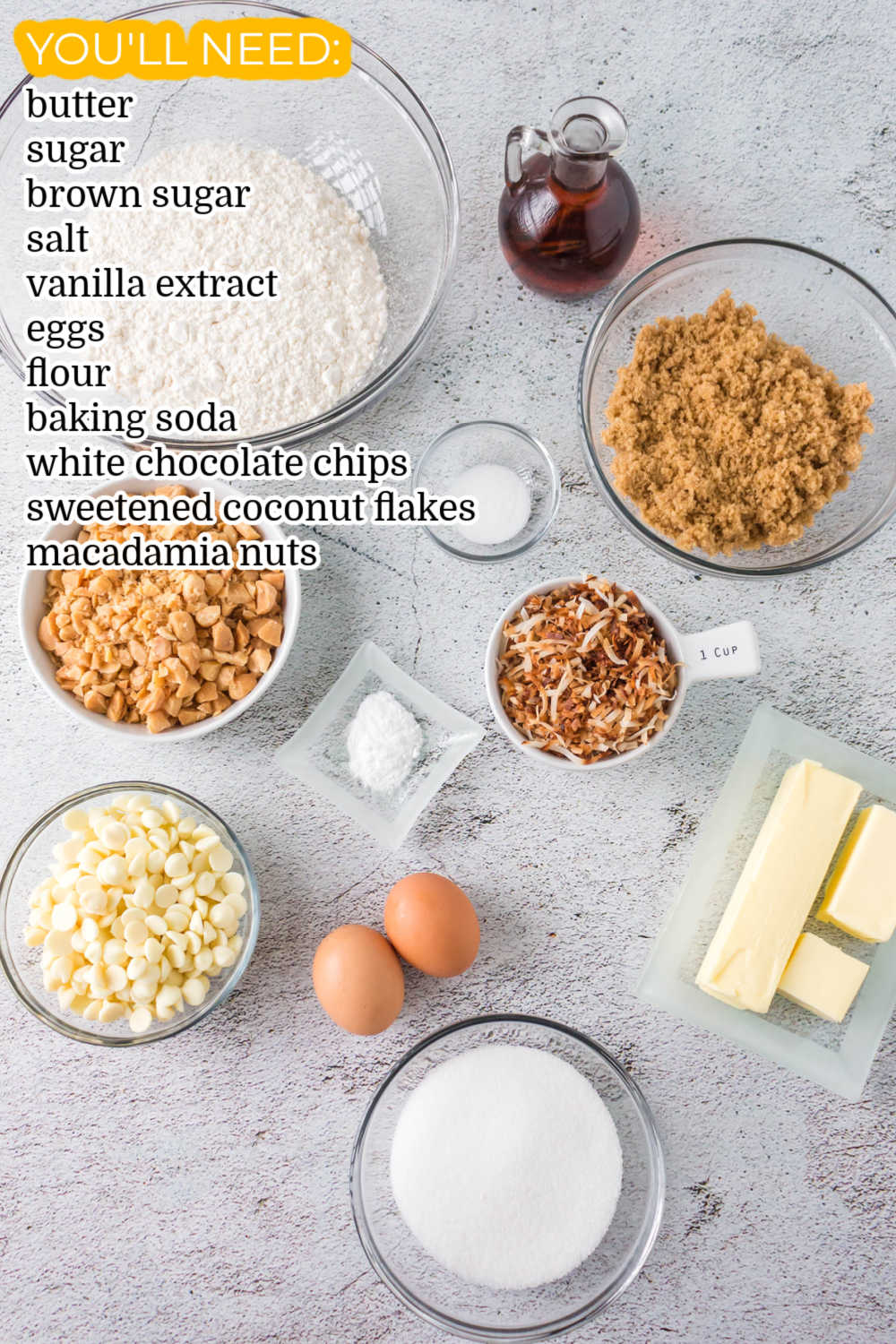 All of the ingredients needed to make this White Chocolate Blondie recipe.