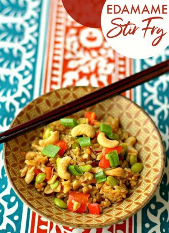 Edamame Stir Fry in a bowl with text overlay for Pinterest