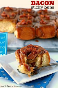 Sticky buns with bacon with text overlay for Pinterest. 