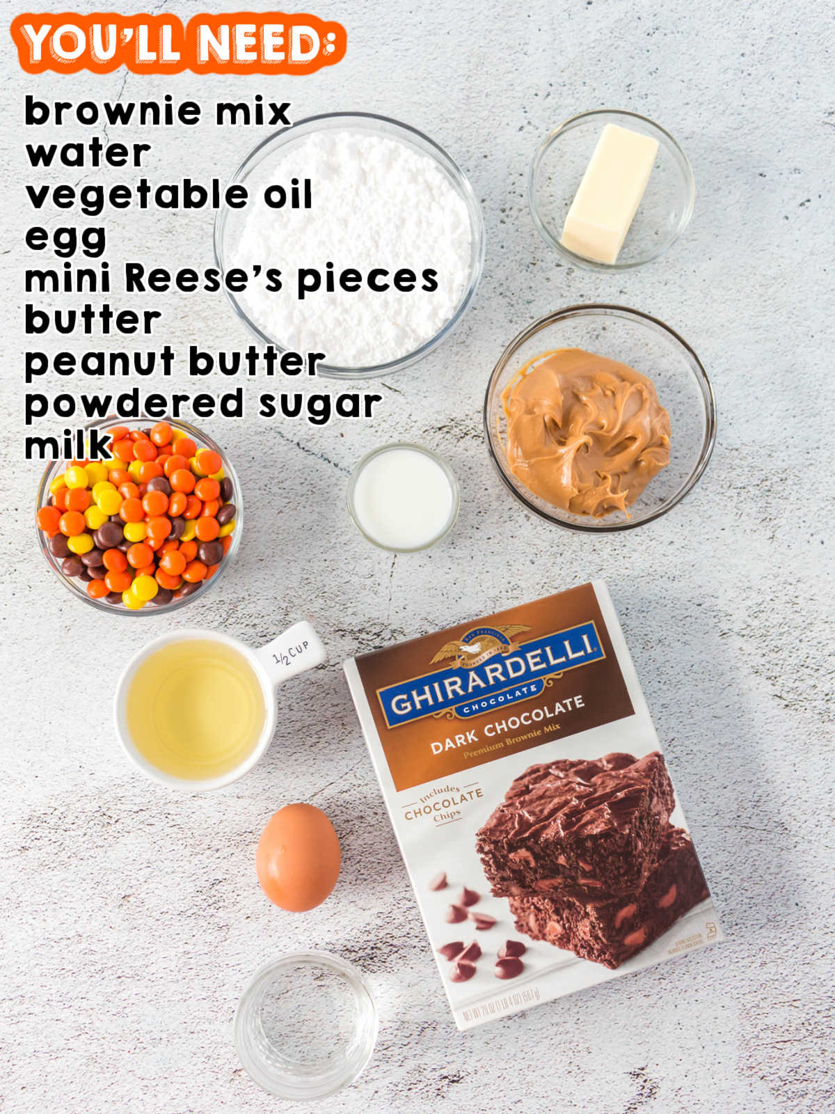 An overhead picture of all of the ingredients needed to make Brownie Bites with Peanut Butter Frosting.