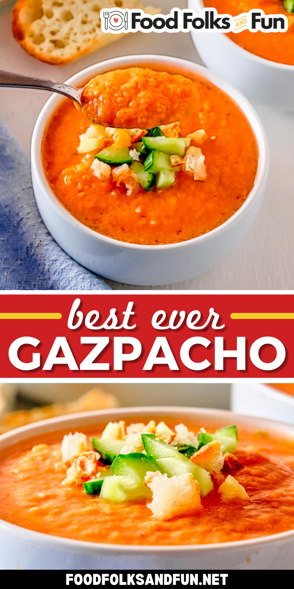 This Gazpacho Soup is so fresh and rich with flavors of tomato while accompanied by cucumber, pepper, onion, and garlic. The spices of cumin and coriander top it off. via @foodfolksandfun