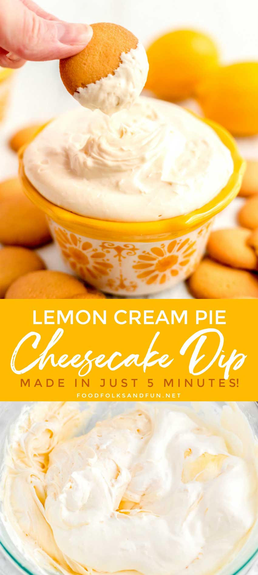 This Lemon Cream Pie Cheesecake Dip is a dessert that is made for dippable portability! It has the perfect balance of tangy lemon and sweet, fluffy cream. #Lemon #LemonDessert #LemonDip #LemonRecipe #EasyRecipe #Spring #SpringRecipe #foodfolksandfun via @foodfolksandfun