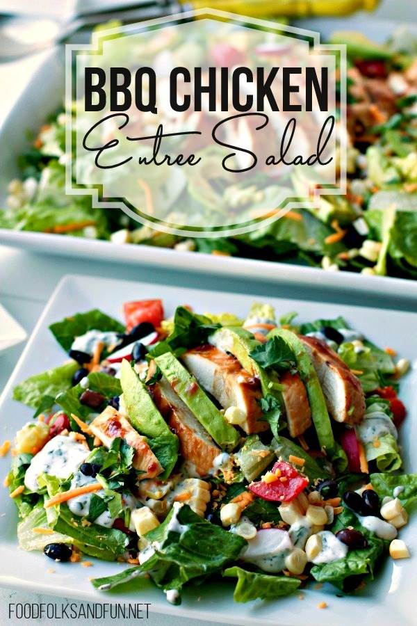 This BBQ Chicken Entree Salad with Cilantro Ranch Dressing is an easy weeknight meal that's refreshing and budget-friendly. via @foodfolksandfun