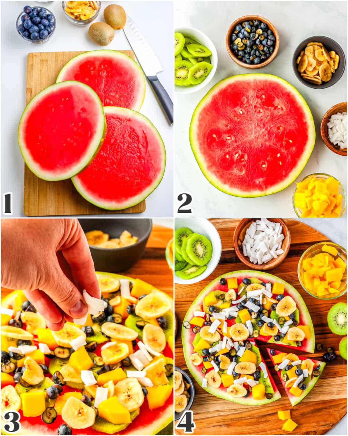 A picture collage showing how to make this recipe: cut the watermelon into slaps, place a slab on your work surface, add fruit topping, and slice and serve.