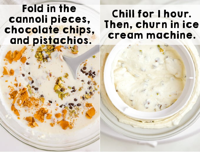 Fold in the chocolate chips, cannoli shell pieces, and pistachios. Transfer to ice cream maker and churn.
