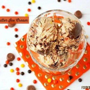 A top view of Loaded Peanut Butter Ice Cream in a glass bowl