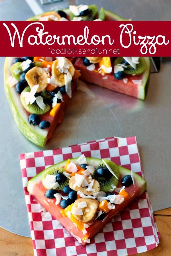 A slice of Watermelon Pizza with text overlay for Pinterest